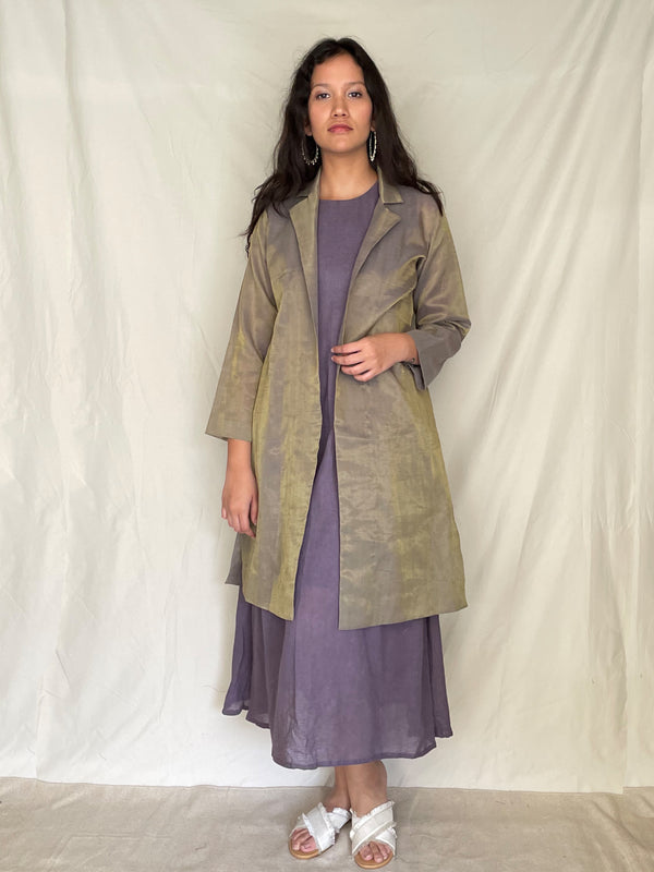 Handcrafted and Ethically made Puff sleeved wide notch collar tissue jacket with a belt