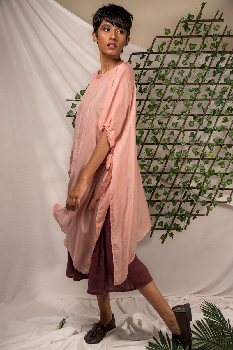 Ethically made Pink pepper silk Poncho with tie up sleeves detail, perfect for those hot summer layering
