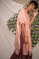 Ethically made Pink pepper silk Poncho with tie up sleeves detail, perfect for those hot summer layering