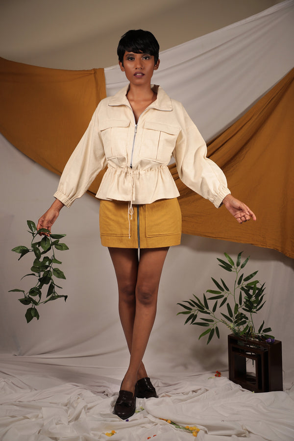 Ethically made Ivory linen Bomber jacket with tie up details to cinch your waist and chest pockets