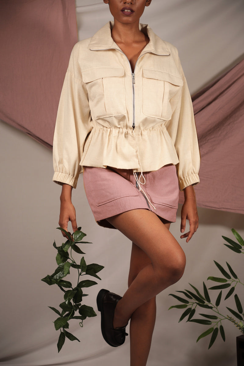 Ethically made Ivory linen Bomber jacket with tie up details to cinch your waist and chest pockets