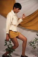 Ethically made Ivory linen Bomber jacket with tie up details to cinch your waist and chest pockets