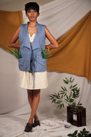 Ethically made Cotton Linen sleeveless waist coat with belt detailing