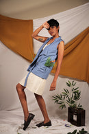 Ethically made Cotton Linen sleeveless waist coat with belt detailing