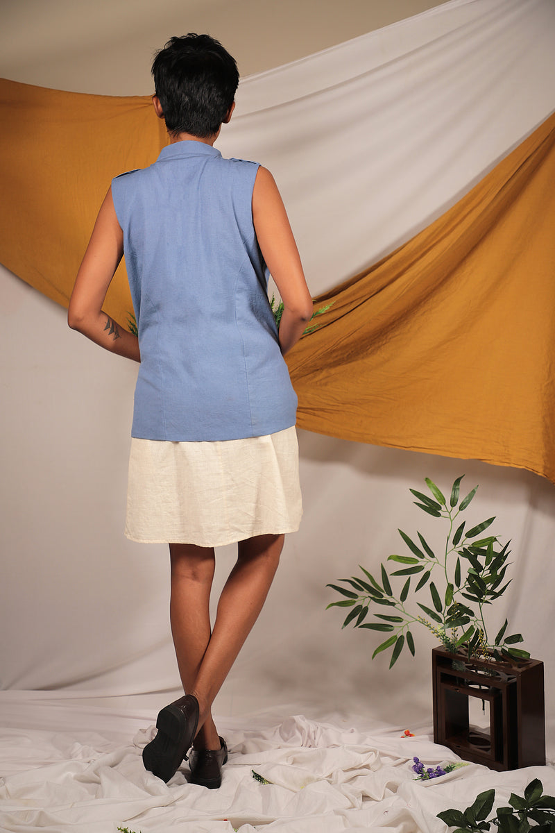 Ethically made Cotton Linen sleeveless waist coat with belt detailing