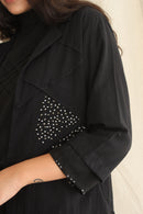 Ethically made Boxy fit Cotton Linen jacket with Fabric Manipulation Pleating Detailss. front tie  and hand embroidery