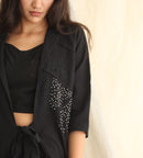Ethically made Boxy fit Cotton Linen jacket with Fabric Manipulation Pleating Detailss. front tie  and hand embroidery