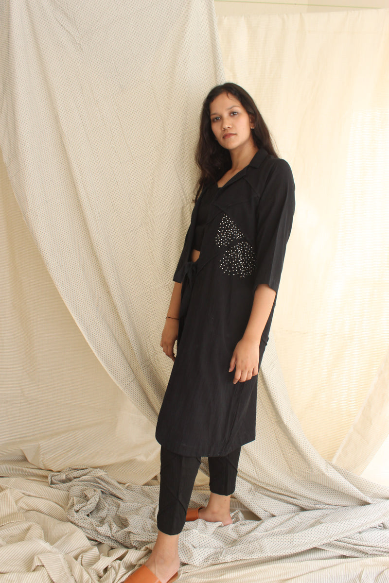Ethically made Boxy fit Cotton Linen jacket with Fabric Manipulation Pleating Detailss. front tie  and hand embroidery