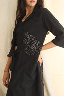 Ethically made Boxy fit Cotton Linen jacket with Fabric Manipulation Pleating Detailss. front tie  and hand embroidery