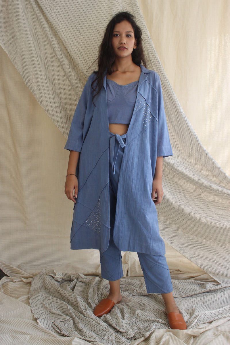 Ethically made Boxy fit Cotton Linen jacket with Fabric Manipulation Pleating Detailss. front tie  and hand embroidery