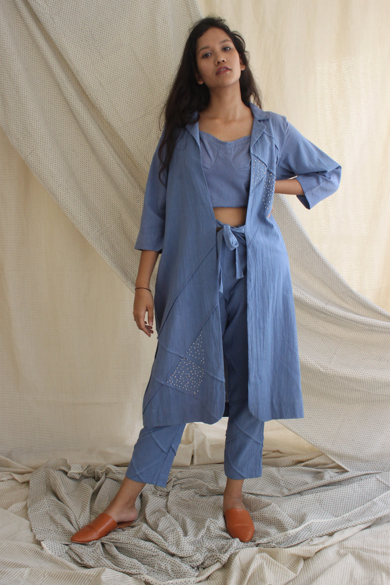 Ethically made Boxy fit Cotton Linen jacket with Fabric Manipulation Pleating Detailss. front tie  and hand embroidery