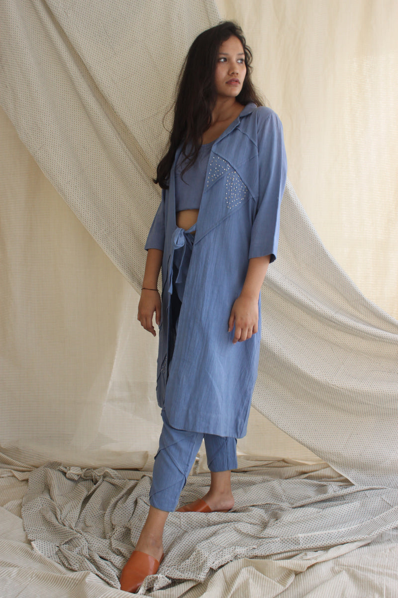 Ethically made Boxy fit Cotton Linen jacket with Fabric Manipulation Pleating Detailss. front tie  and hand embroidery