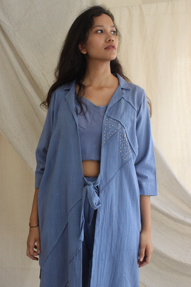 Ethically made Boxy fit Cotton Linen jacket with Fabric Manipulation Pleating Detailss. front tie  and hand embroidery