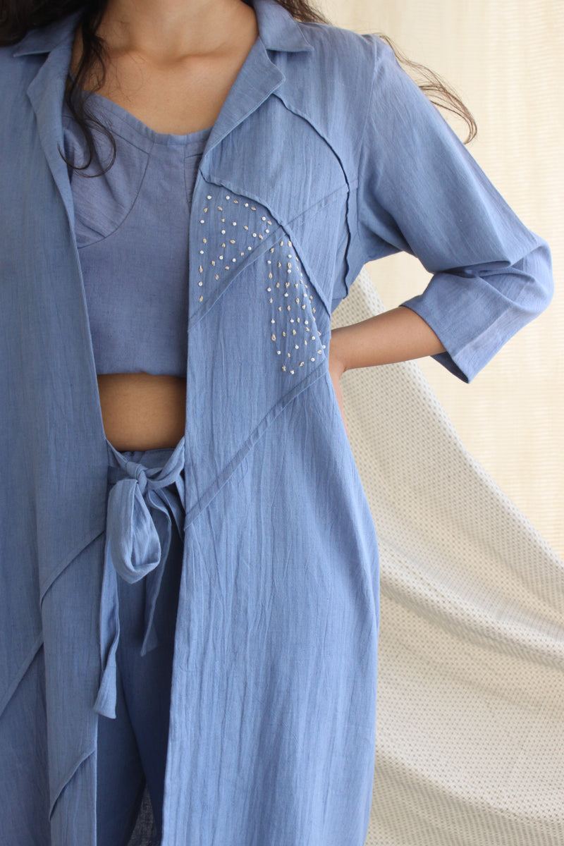 Ethically made Boxy fit Cotton Linen jacket with Fabric Manipulation Pleating Detailss. front tie  and hand embroidery