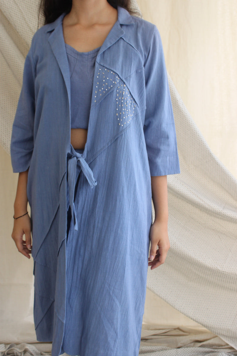 Ethically made Boxy fit Cotton Linen jacket with Fabric Manipulation Pleating Detailss. front tie  and hand embroidery