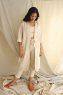 Ethically made Boxy fit Cotton Linen jacket with Fabric Manipulation Pleating Detailss. front tie  and hand embroidery