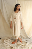 Ethically made Boxy fit Cotton Linen jacket with Fabric Manipulation Pleating Detailss. front tie  and hand embroidery