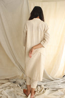 Ethically made Boxy fit Cotton Linen jacket with Fabric Manipulation Pleating Detailss. front tie  and hand embroidery