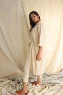 Ethically made Boxy fit Cotton Linen jacket with Fabric Manipulation Pleating Detailss. front tie  and hand embroidery