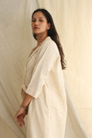 Ethically made Boxy fit Cotton Linen jacket with Fabric Manipulation Pleating Detailss. front tie  and hand embroidery