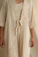 Ethically made Boxy fit Cotton Linen jacket with Fabric Manipulation Pleating Detailss. front tie  and hand embroidery