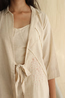 Ethically made Boxy fit Cotton Linen jacket with Fabric Manipulation Pleating Detailss. front tie  and hand embroidery