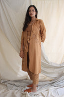 Ethically made Boxy fit Cotton Linen jacket with Fabric Manipulation Pleating Detailss. front tie  and hand embroidery