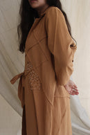 Ethically made Boxy fit Cotton Linen jacket with Fabric Manipulation Pleating Detailss. front tie  and hand embroidery