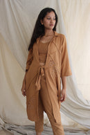 Ethically made Boxy fit Cotton Linen jacket with Fabric Manipulation Pleating Detailss. front tie  and hand embroidery