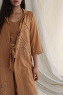 Ethically made Boxy fit Cotton Linen jacket with Fabric Manipulation Pleating Detailss. front tie  and hand embroidery