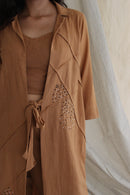 Ethically made Boxy fit Cotton Linen jacket with Fabric Manipulation Pleating Detailss. front tie  and hand embroidery