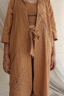 Ethically made Boxy fit Cotton Linen jacket with Fabric Manipulation Pleating Detailss. front tie  and hand embroidery