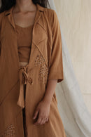 Ethically made Boxy fit Cotton Linen jacket with Fabric Manipulation Pleating Detailss. front tie  and hand embroidery