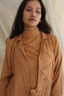Ethically made Boxy fit Cotton Linen jacket with Fabric Manipulation Pleating Detailss. front tie  and hand embroidery
