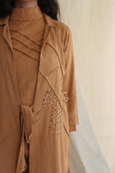 Ethically made Boxy fit Cotton Linen jacket with Fabric Manipulation Pleating Detailss. front tie  and hand embroidery