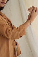 Ethically made Boxy fit Cotton Linen jacket with Fabric Manipulation Pleating Detailss. front tie  and hand embroidery