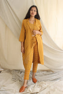 Ethically made Boxy fit Cotton Linen jacket with Fabric Manipulation Pleating Detailss. front tie  and hand embroidery