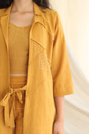 Ethically made Boxy fit Cotton Linen jacket with Fabric Manipulation Pleating Detailss. front tie  and hand embroidery