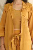 Ethically made Boxy fit Cotton Linen jacket with Fabric Manipulation Pleating Detailss. front tie  and hand embroidery