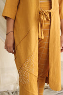 Ethically made Boxy fit Cotton Linen jacket with Fabric Manipulation Pleating Detailss. front tie  and hand embroidery