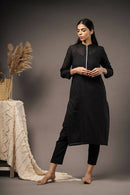 Taraasi Women's Black Organic Cotton Hand Embroidered Kurta