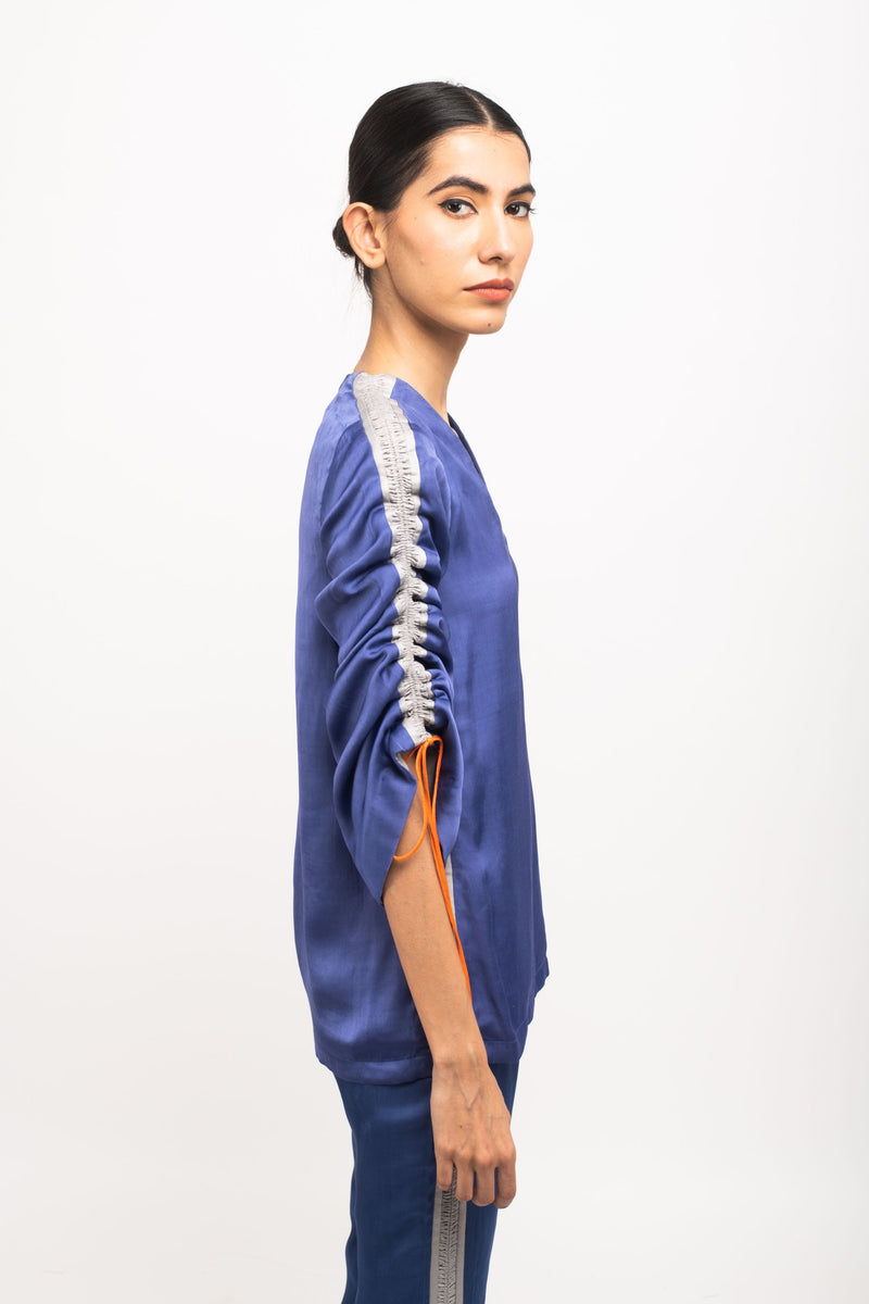 Neora by Nehal Chopra Bemberg Modal Silk Blue-Grey Rouching Set