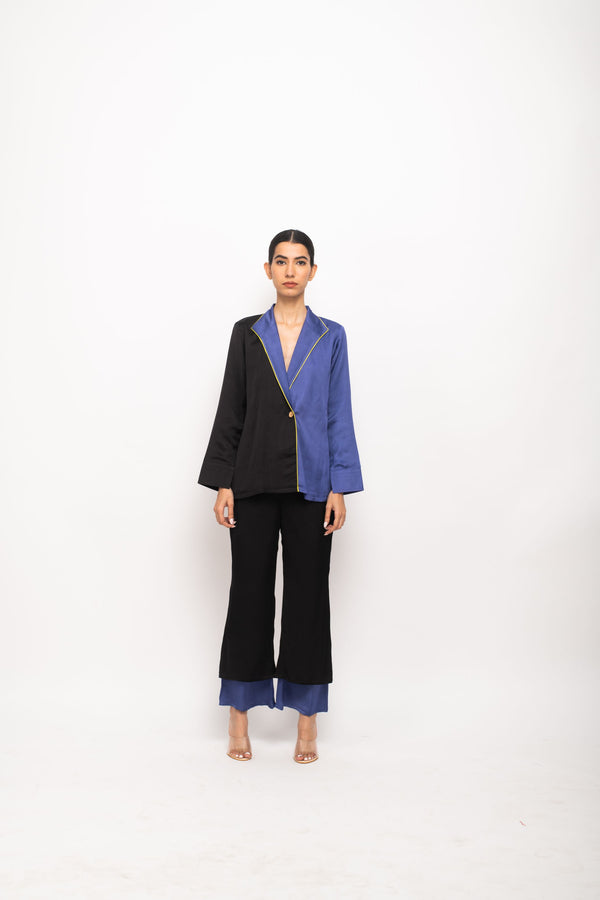 Neora by Nehal Chopra Bemberg Modal Silk Black-Blue Blazer Set