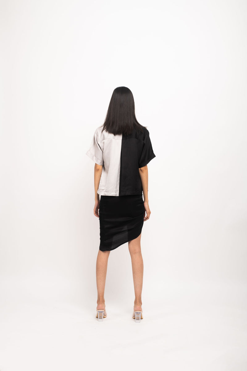 Neora by Nehal Chopra Bemberg Modal Silk Black-Grey Skirt Rouching Set