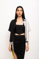 Neora by Nehal Chopra Bemberg Modal Silk Black-Grey Skirt Rouching Set