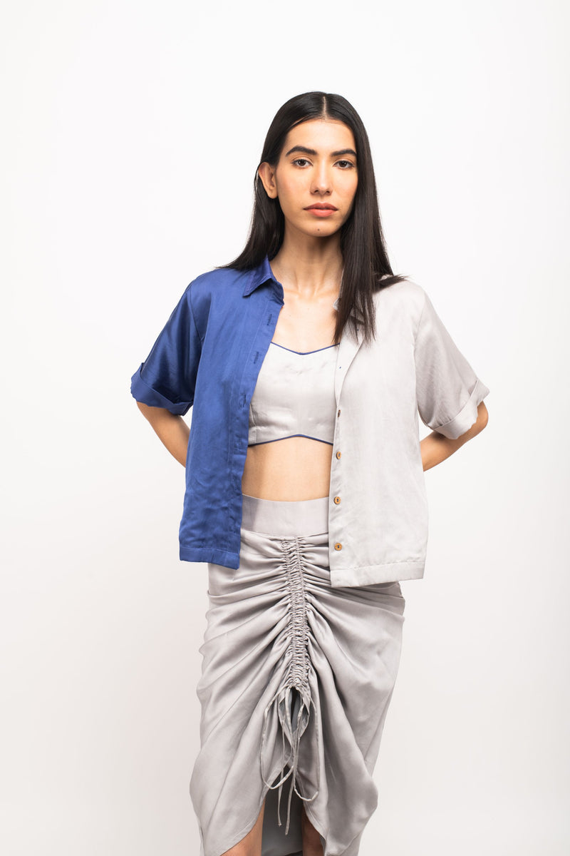Neora by Nehal Chopra Bemberg Modal Silk Grey-Blue Rouching Set