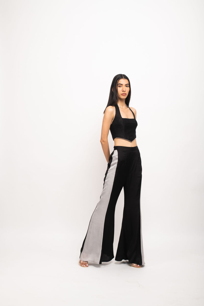 Neora by Nehal Chopra Bemberg Modal Silk Black-Grey Halter Neck Set