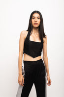 Neora by Nehal Chopra Bemberg Modal Silk Black-Grey Halter Neck Set