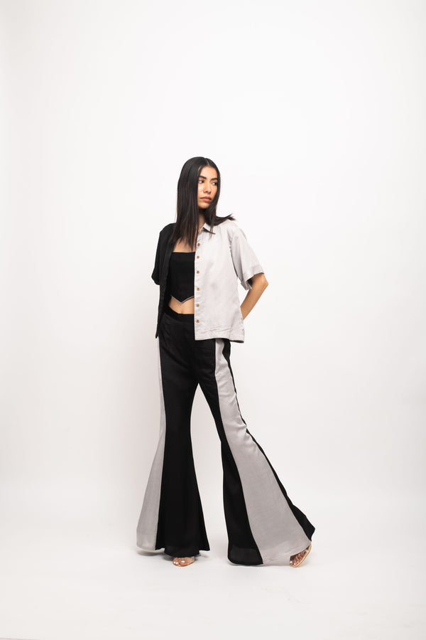 Neora by Nehal Chopra Bemberg Modal Silk Black-Grey Half & Half Three Piece Set