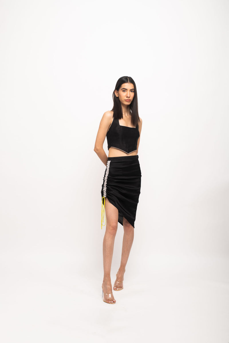 Neora by Nehal Chopra Bemberg Modal Silk Black-Grey Halter Neck Skirt Set